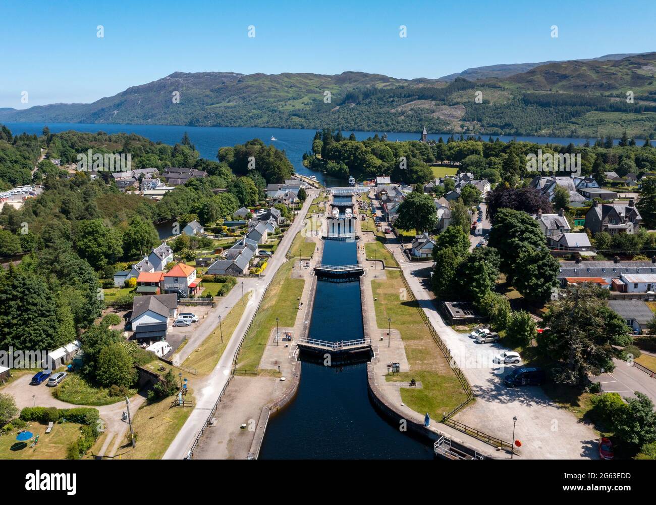 Aerial view of the Caledonian Canal and canal locks at Fort Augustus, Inverness-shire, Scotland. Stock Photo