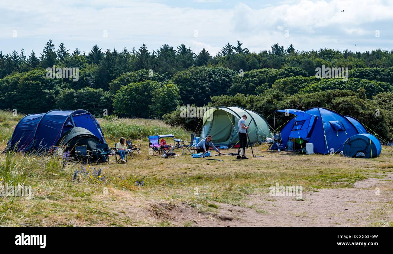 Yellowcraig Beach East Lothian Scotland United Kingdom 2nd July 2021 People Have Pitched A Group Of Tents In The Dunes Behind The Beach As The Yellowcraig Area Is A Site Of Special