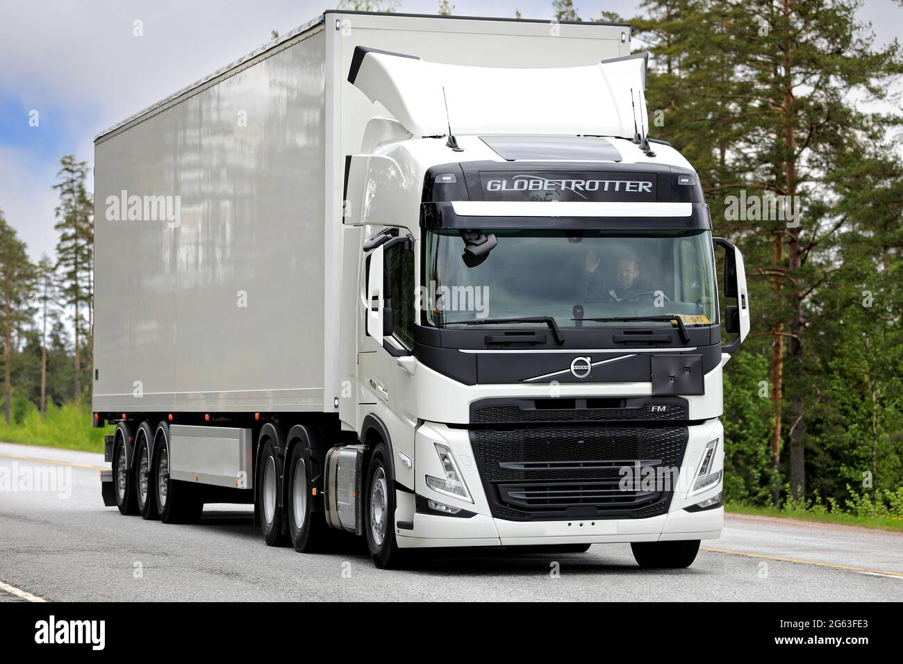 Raasepori, Finland. May 27, 2021. New Volvo FM 460 Globe truck on test drive. Volvo Trucks’ new Volvo FM won the Red Dot Award 2021 for product design Stock Photo