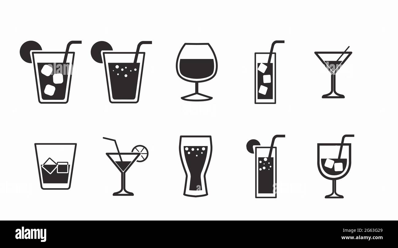 Drinks Icon Set. Vector isolated back and white set of different drinks