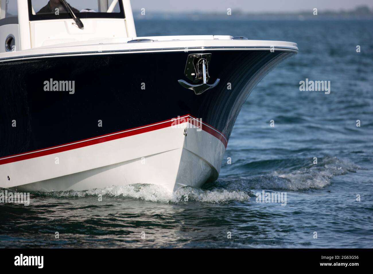 Close-up of the bow of a center console boat on a lake. Stock Photo