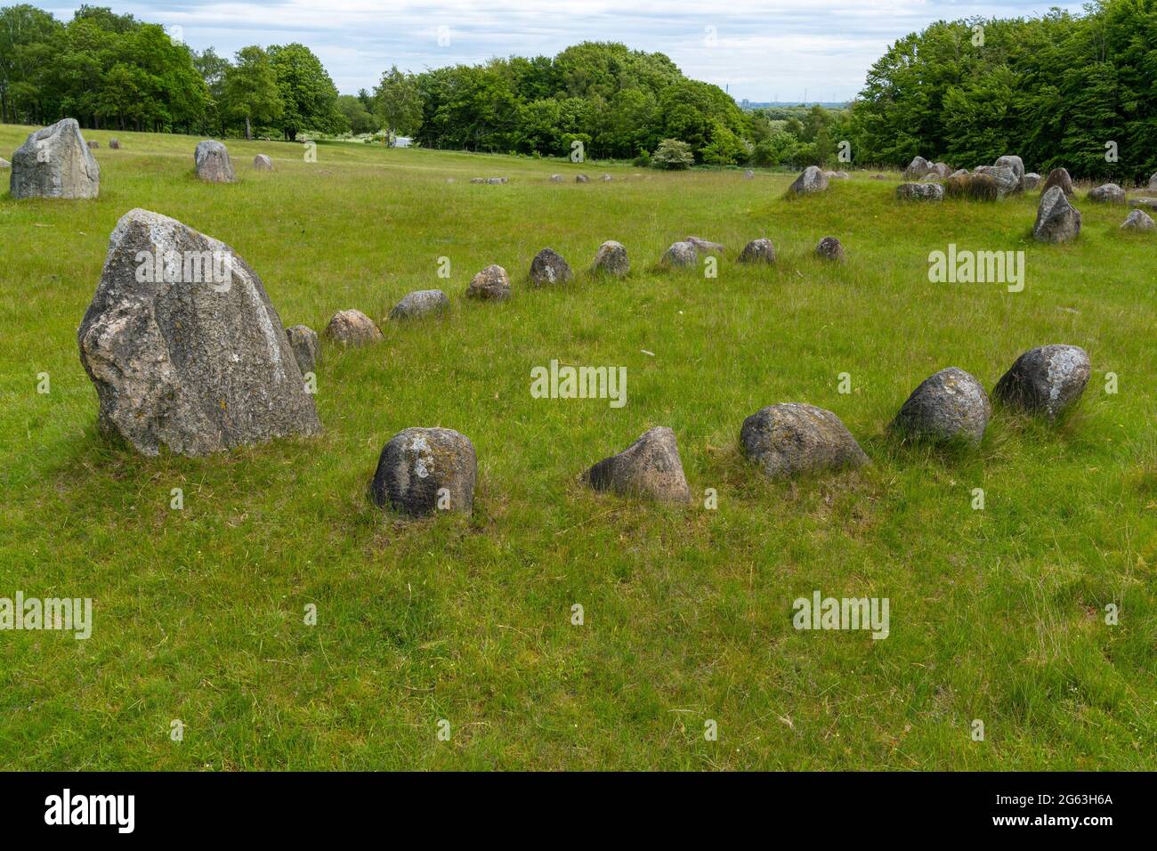 A view of the grounds of the Lindholm Hills Viking burial site in northern Denmark Stock Photo