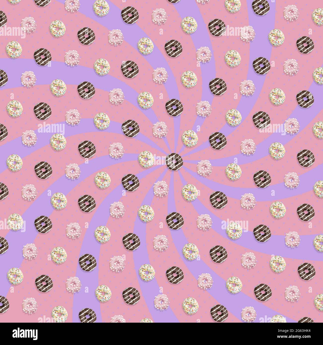 Creative pattern of colorful donuts on pastel pink background. Contemporary art, flat lay design Stock Photo