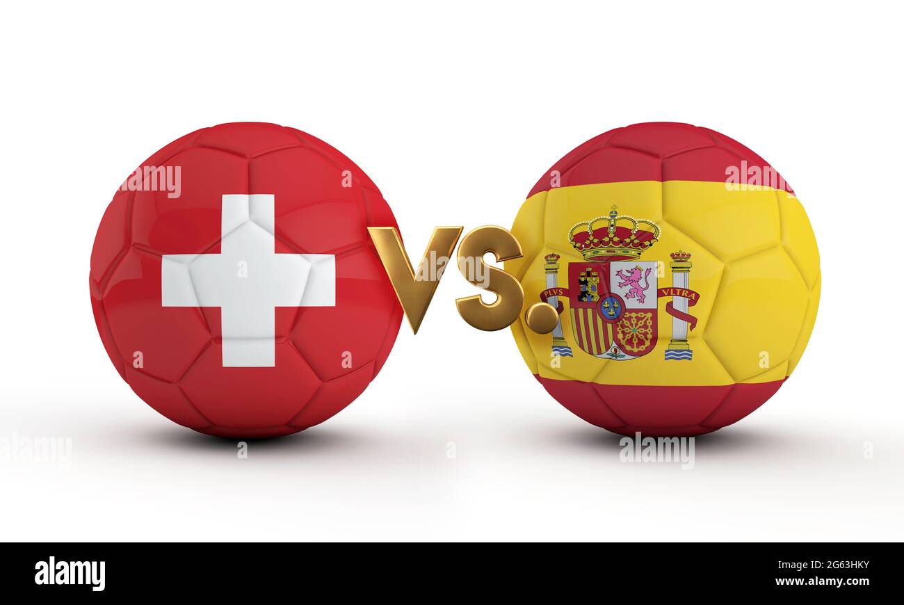 Spain Vs. Switzerland soccer match. flags with football. 3D Rendering