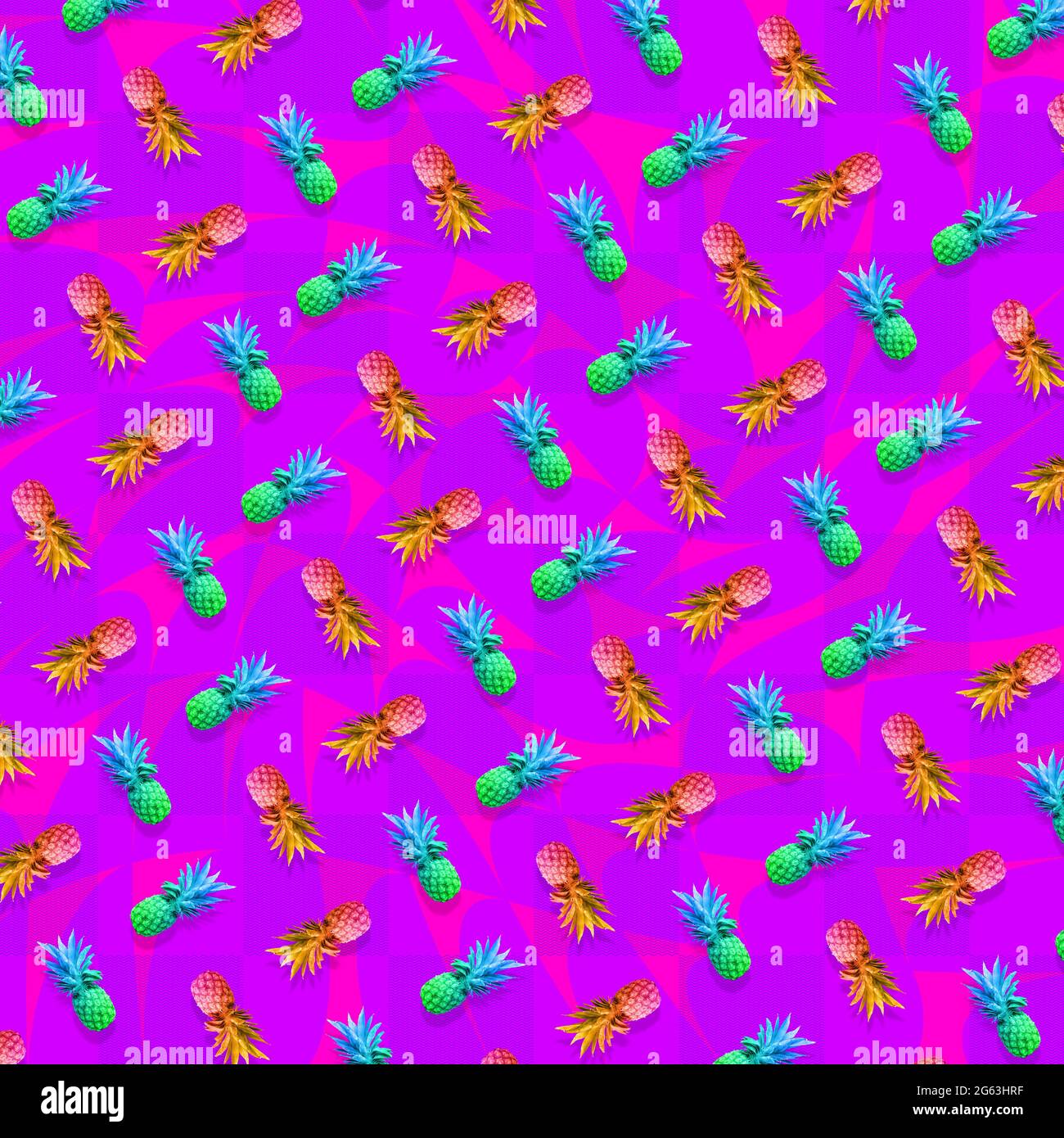 Creative pattern of colorful pine apples on bright purple background. Contemporary art design for device Stock Photo