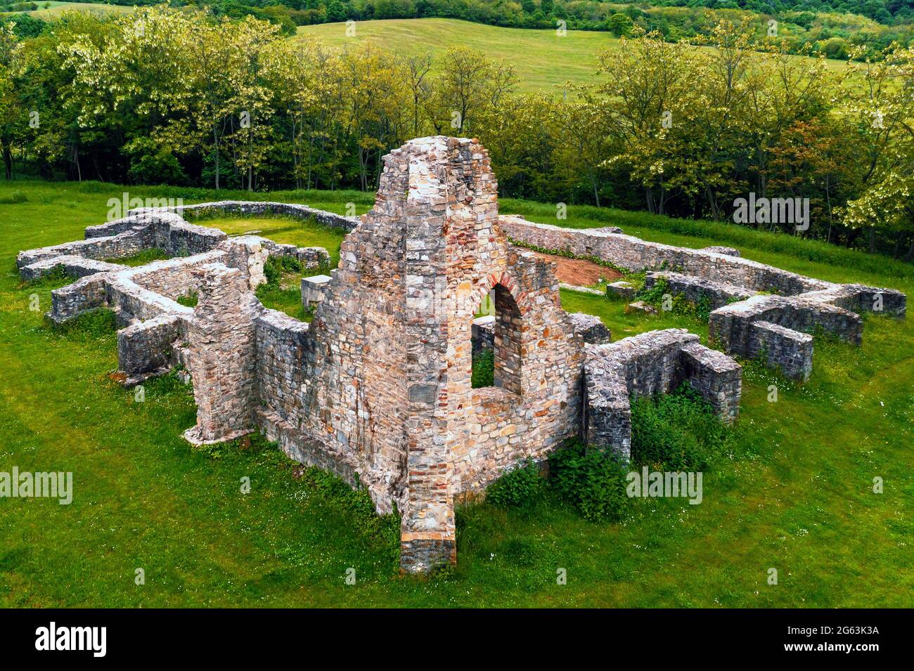 Schlosberg temple riuns in Macseknadasd Hungary. Amazoing ancient monument ruins near by Pecs city in Mecsek mountains Stock Photo