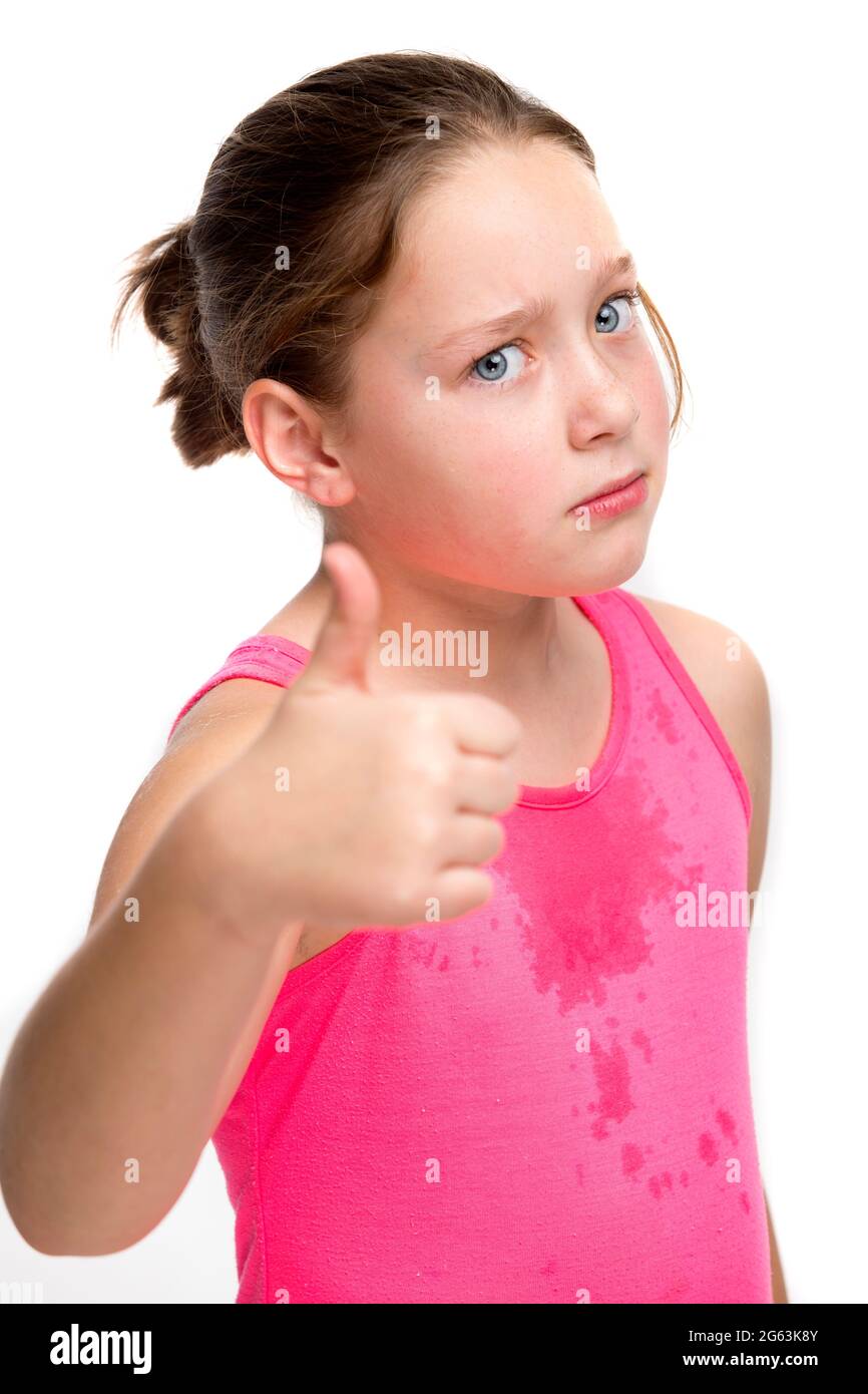 A young tween girl is sweaty and tired from exercise Stock Photo - Alamy