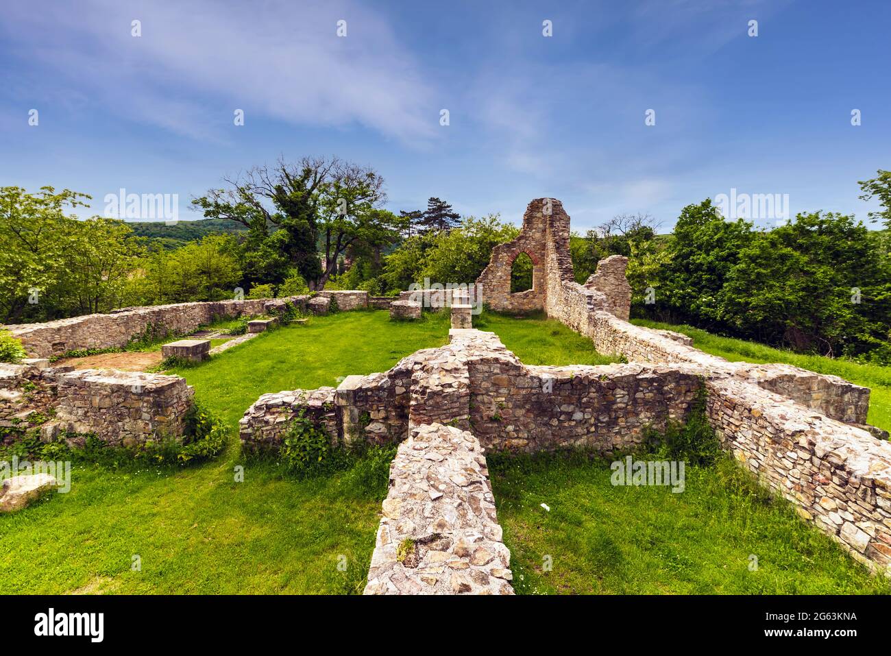 Schlosberg temple riuns in Macseknadasd Hungary. Amazoing ancient monument ruins near by Pecs city in Mecsek mountains Stock Photo