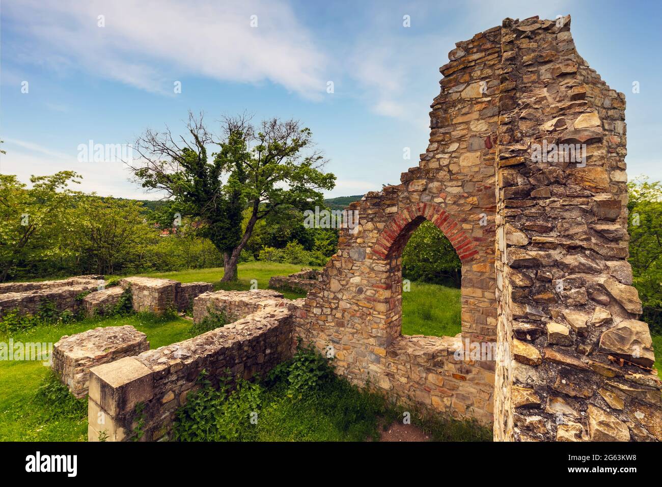 Schlosberg temple riuns in Macseknadasd Hungary. Amazoing ancient monument ruins near by Pecs city in Mecsek mountains Stock Photo