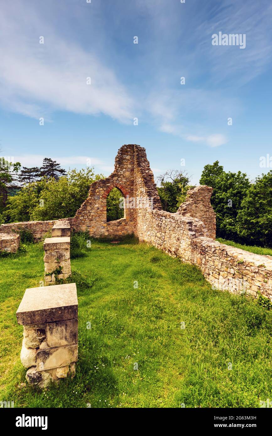 Schlosberg temple riuns in Macseknadasd Hungary. Amazoing ancient monument ruins near by Pecs city in Mecsek mountains Stock Photo