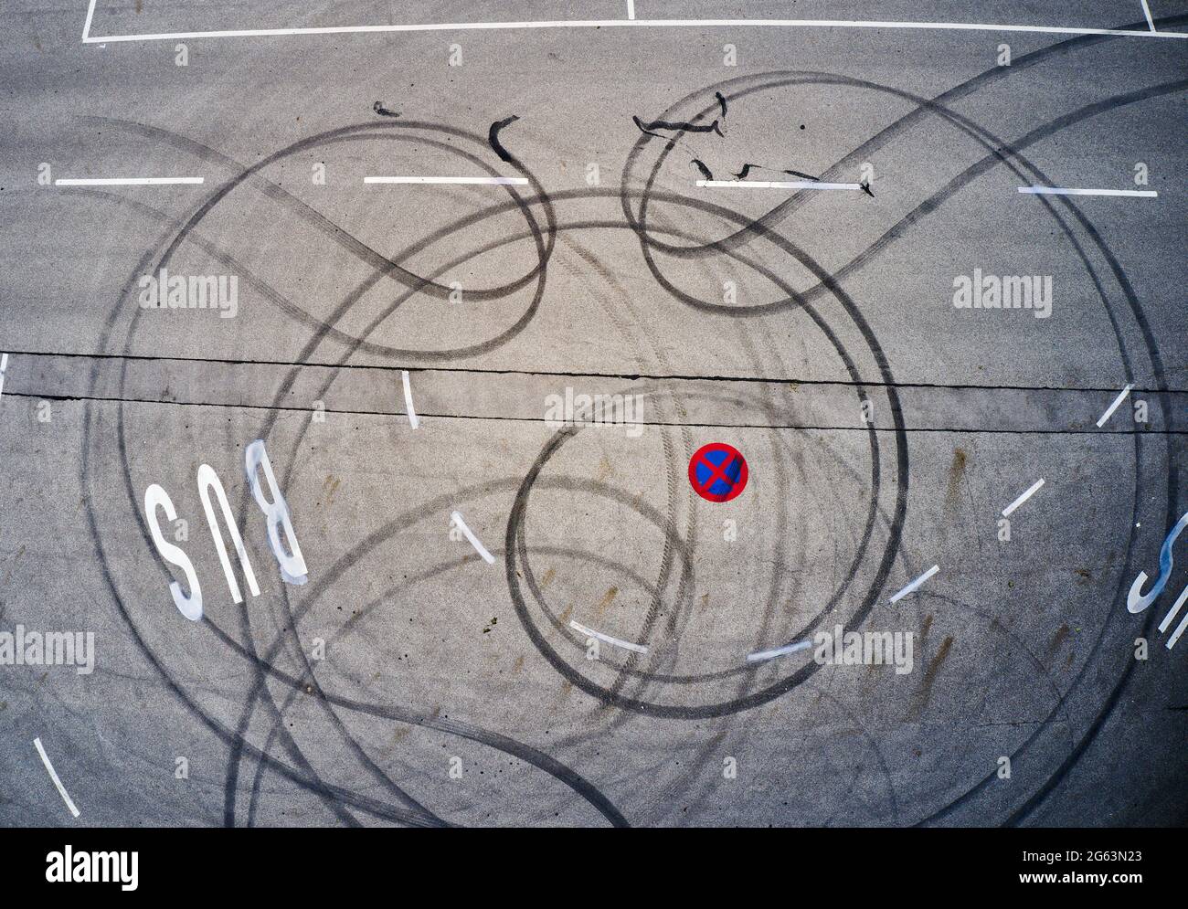 Marktoberdorf, Germany. 02nd July, 2021. Marks on asphalt from spinning tires during a burnout on July 02, 2021 in Marktoberdorf, Germany. Photographer Credit: Peter Schatz/Alamy Live News Stock Photo