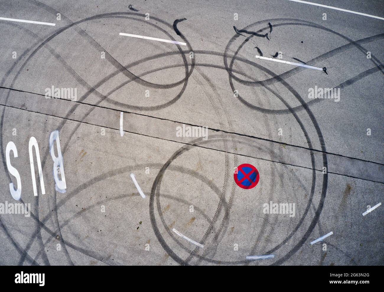 Marktoberdorf, Germany. 02nd July, 2021. Marks on asphalt from spinning tires during a burnout on July 02, 2021 in Marktoberdorf, Germany. Photographer Credit: Peter Schatz/Alamy Live News Stock Photo