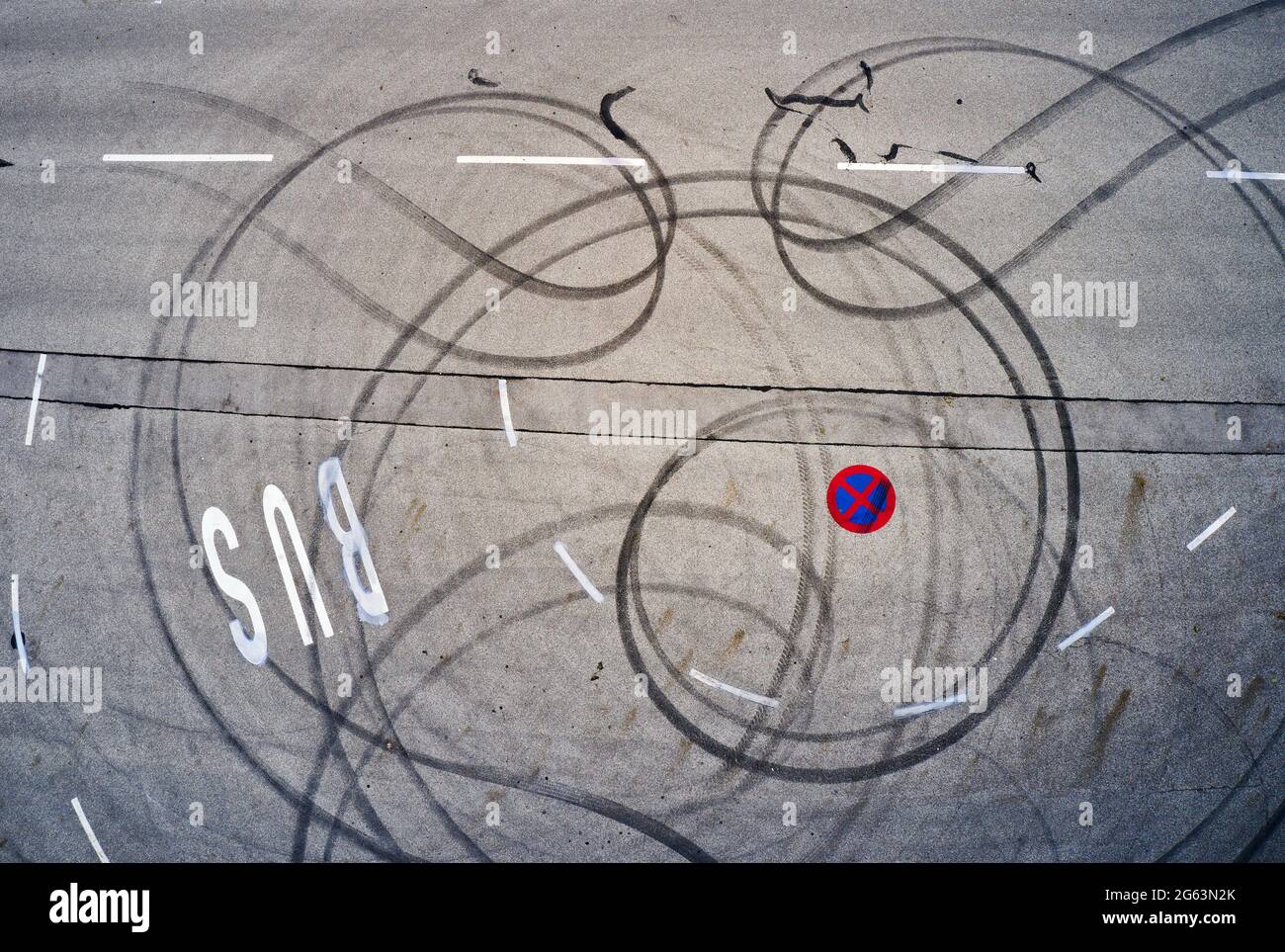 Marktoberdorf, Germany. 02nd July, 2021. Marks on asphalt from spinning tires during a burnout on July 02, 2021 in Marktoberdorf, Germany. Photographer Credit: Peter Schatz/Alamy Live News Stock Photo