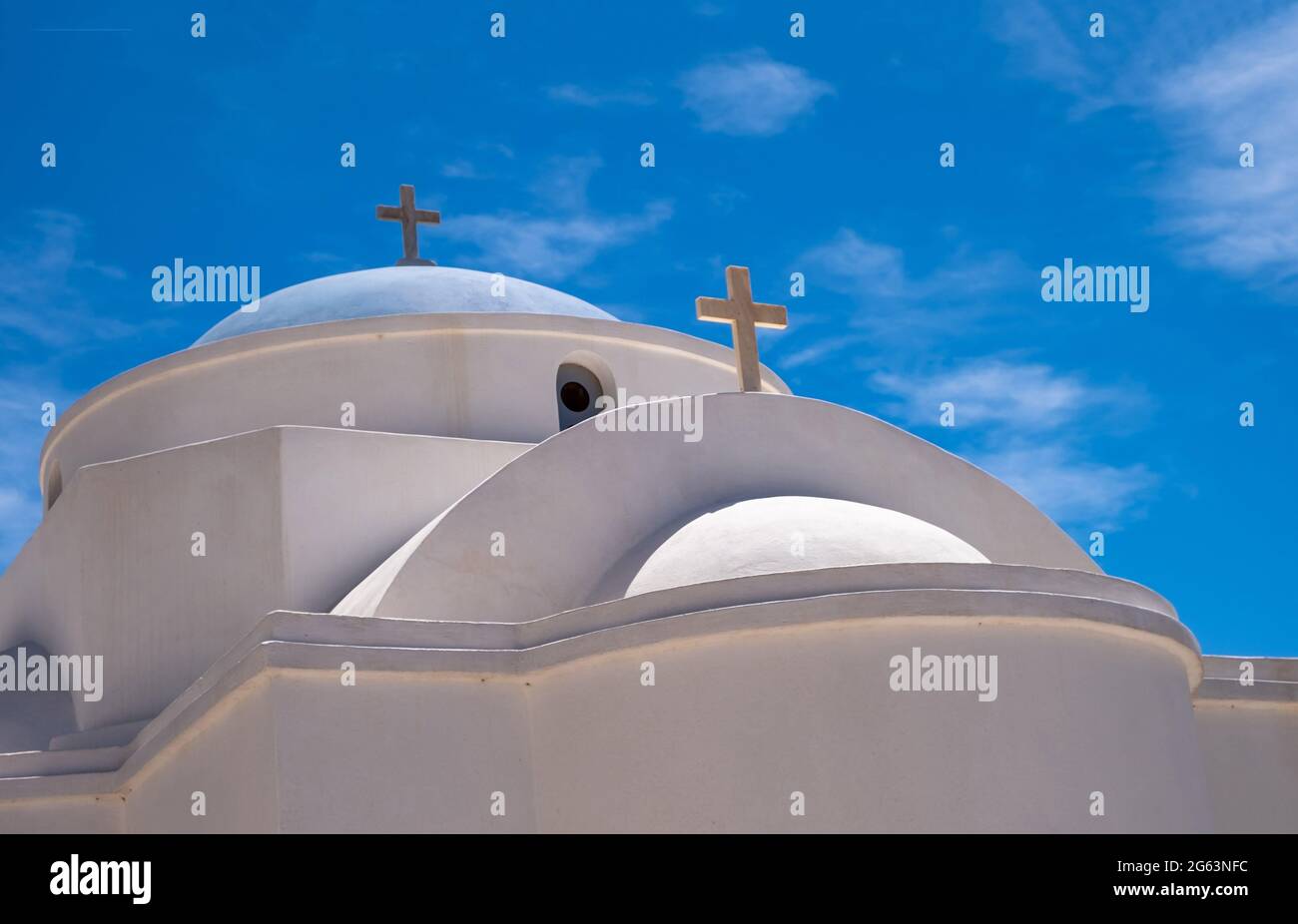 Church detail, white and blue colors. Cyclades. Greece. White cross on ...
