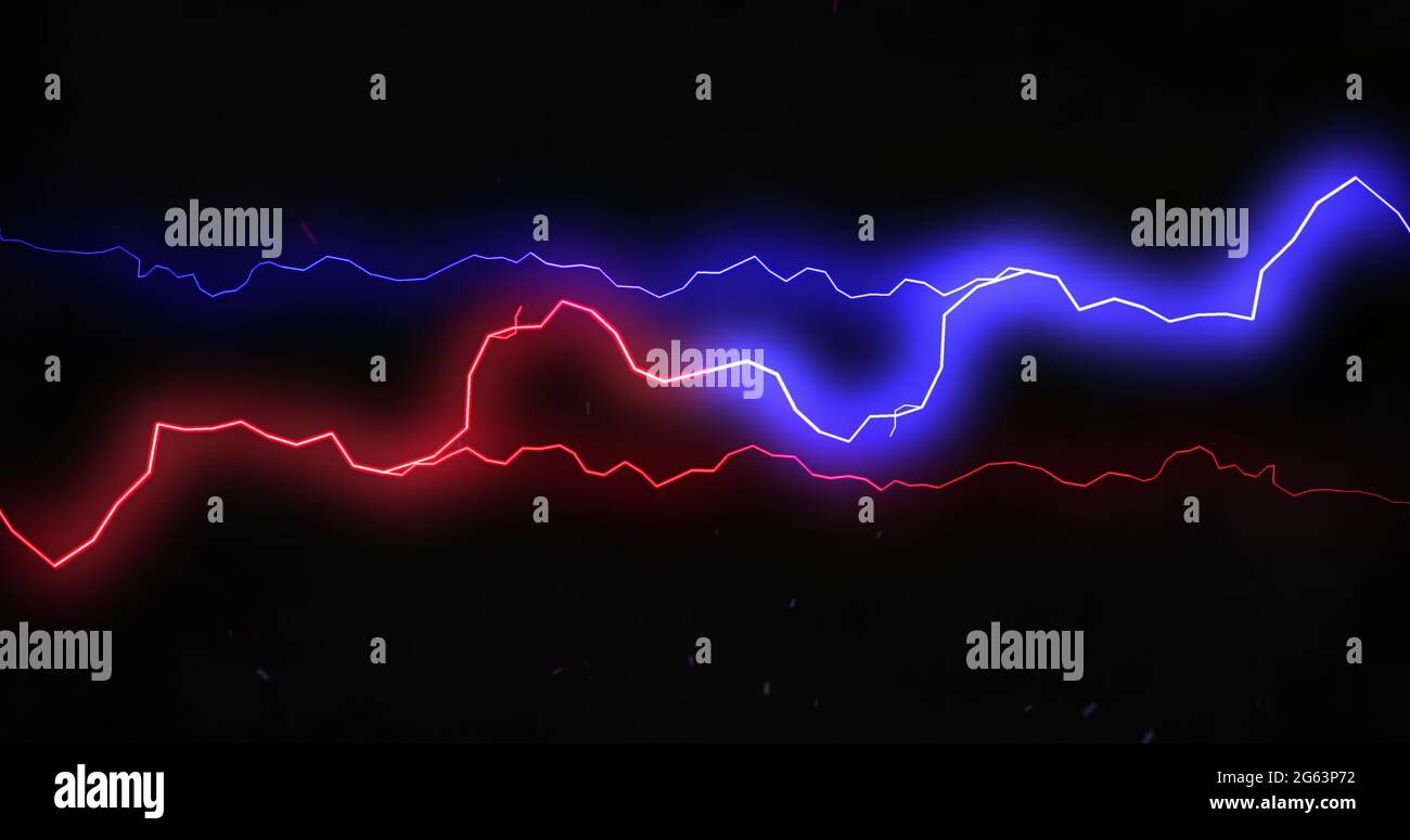 Red and blue lightning bolts of electrical current moving wildly across