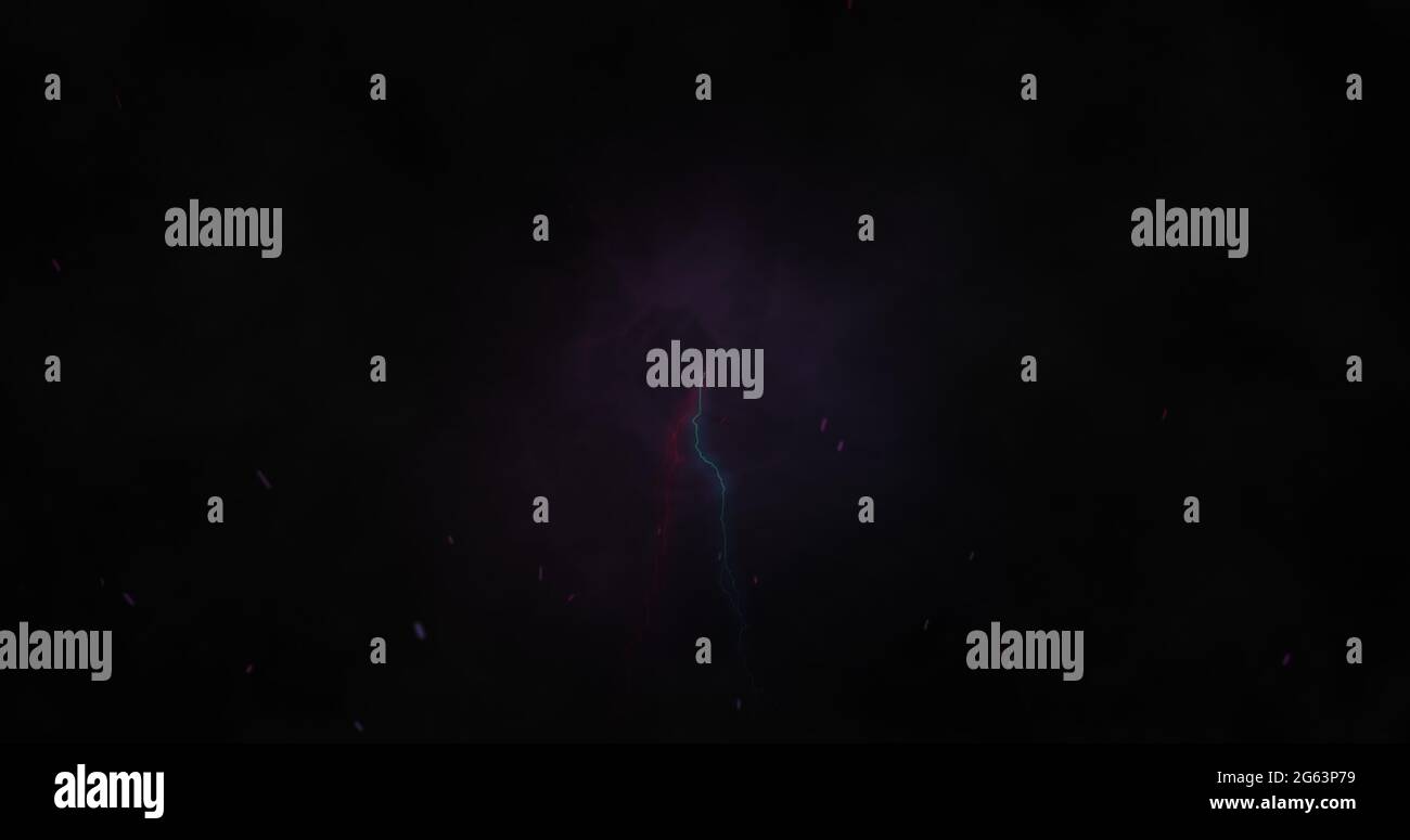 Red and blue lightning bolts of electrical current flashing across dark