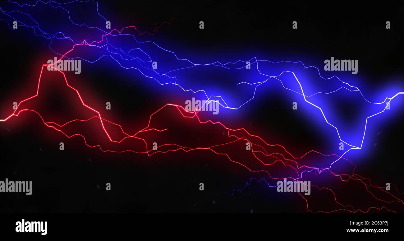 Red and blue lightning bolts of electrical current moving wildly across black background Stock
