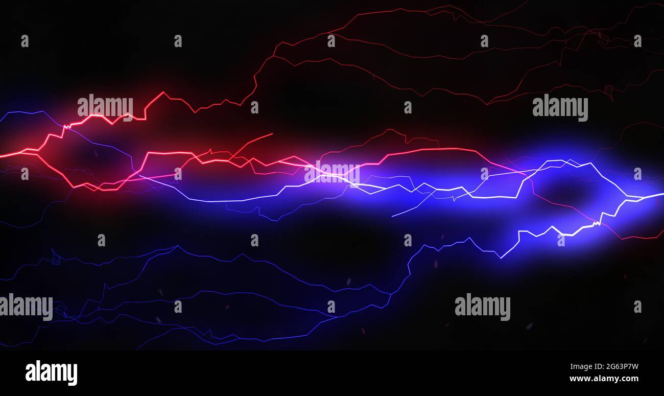 Red and blue lightning bolts of electrical current moving wildly across