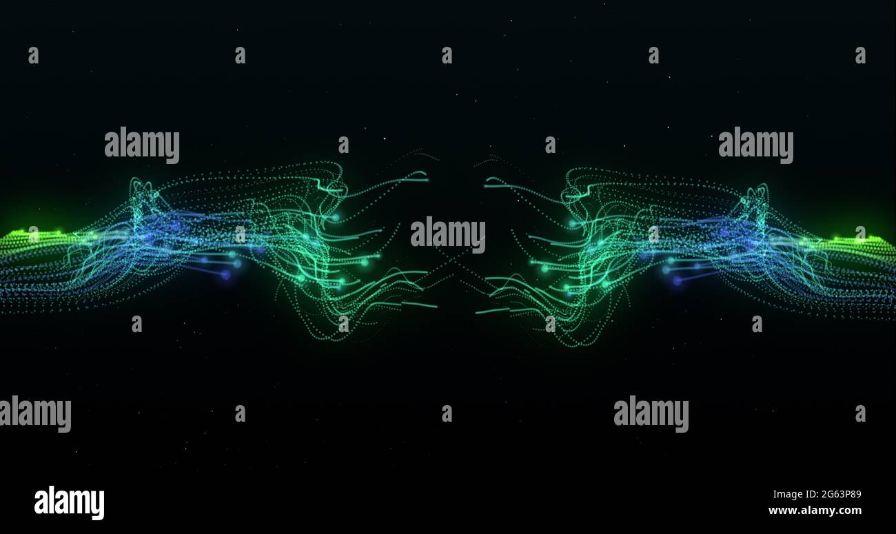 Two grouped tentacles of green and blue electrical current flowing towards each other on black backg Stock Photo