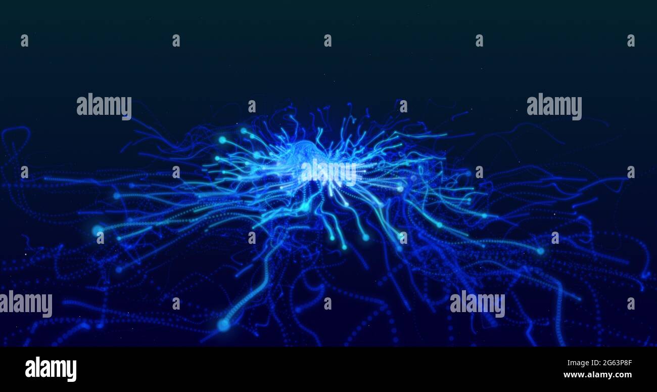 Glowing blue tentacles of electric current moving from central point of light on a black background Stock Photo