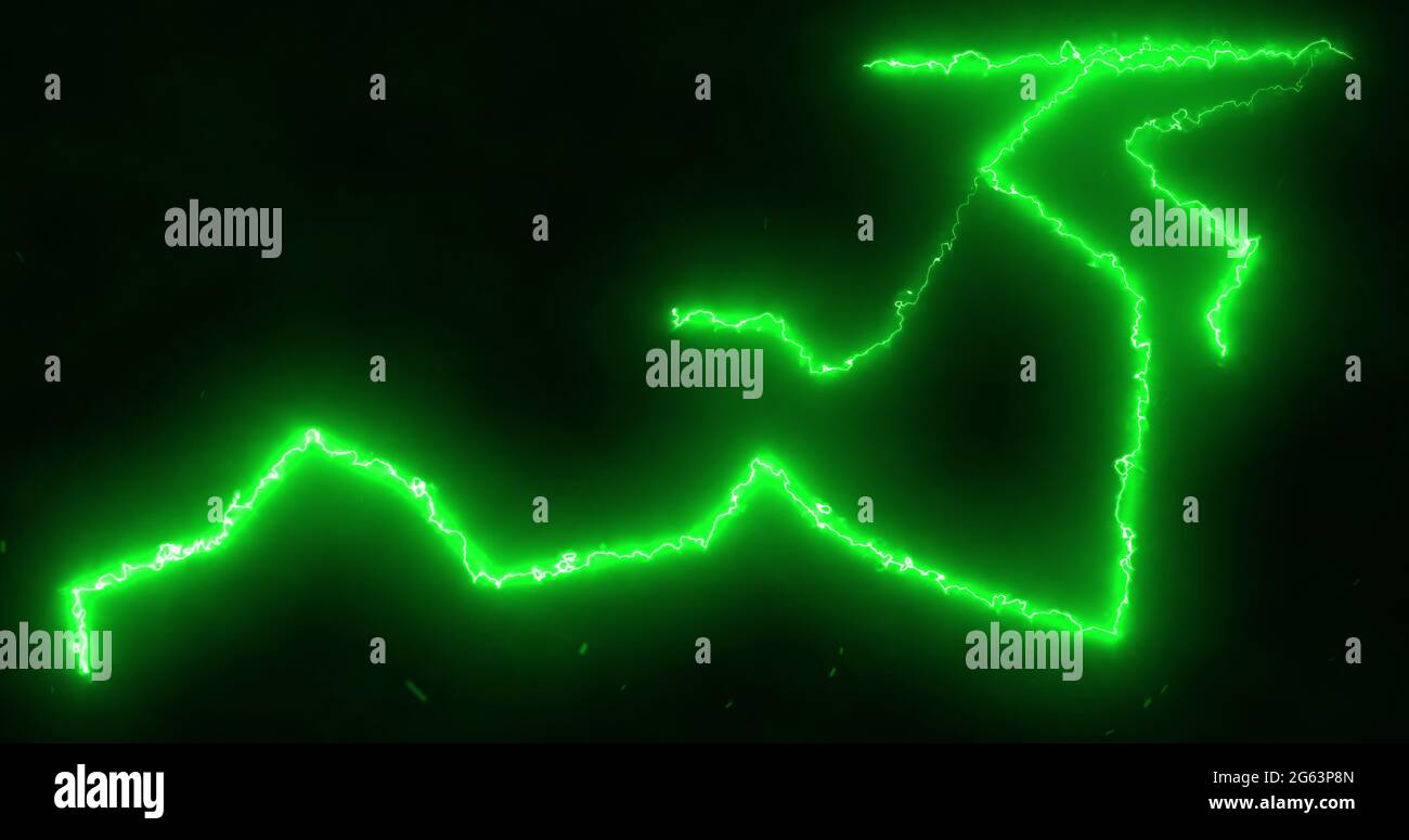 Green lightning bolts electrical current moving wildly across a black