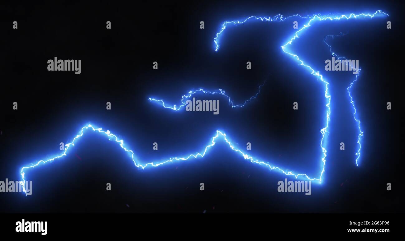 Blue lightning bolts of electrical current moving wildly across a black background Stock Photo