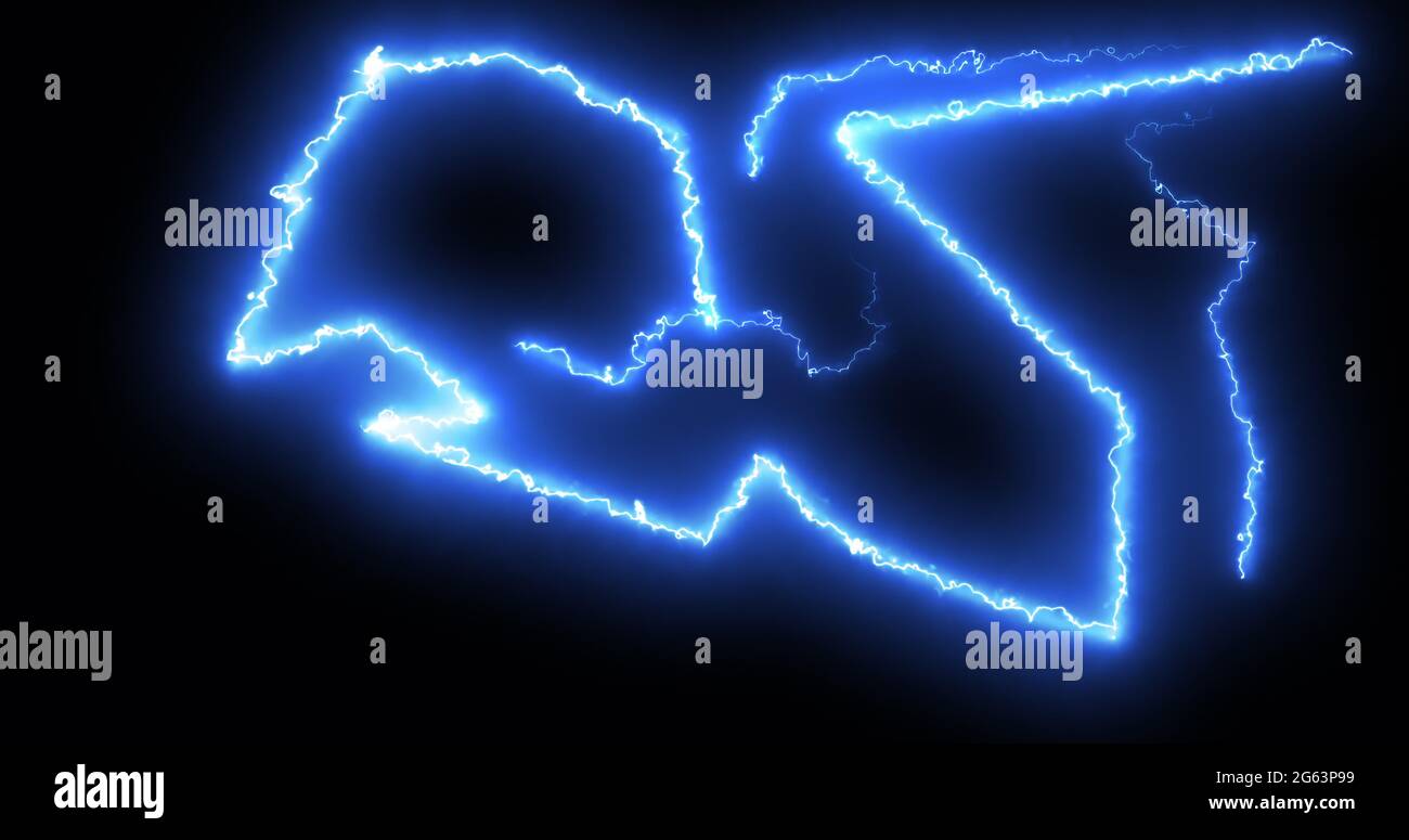 Blue lightning bolts of electrical current moving wildly across a black background Stock Photo