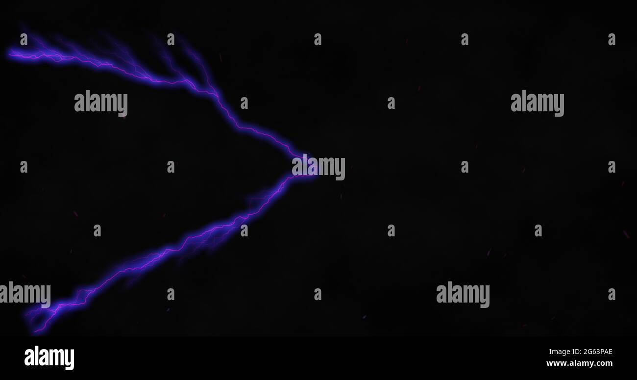 Purple bolts of electrical current moving wildly across a black background Stock Photo