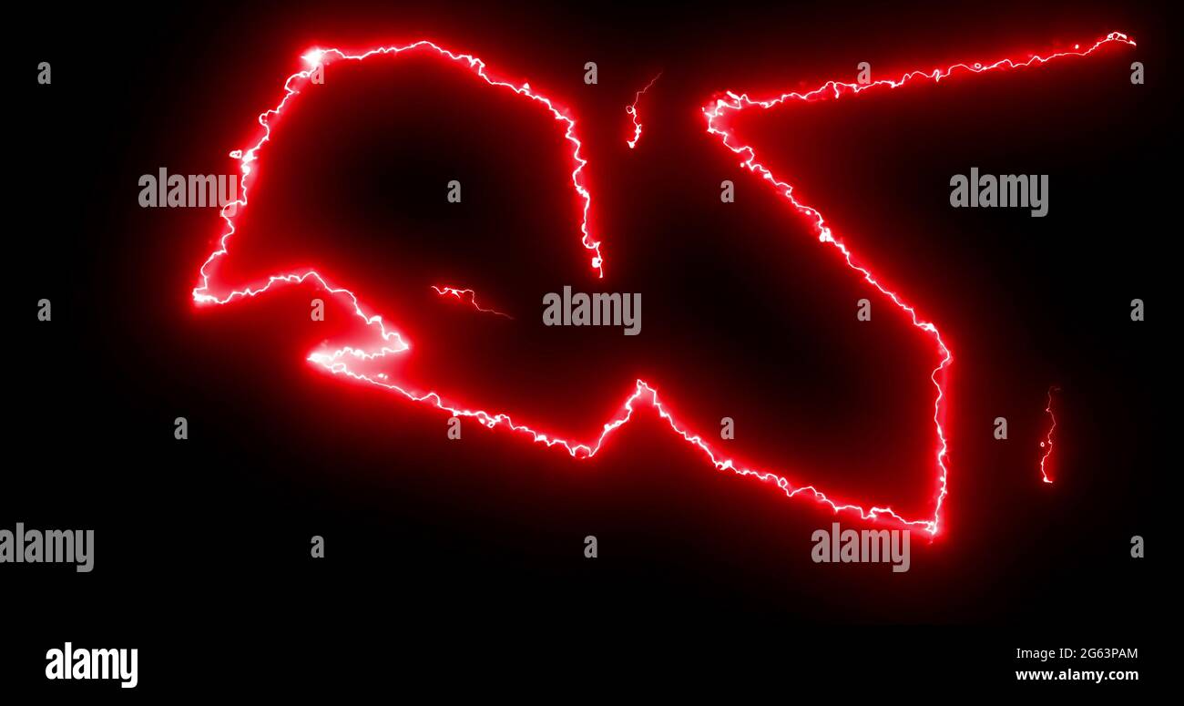 Red lightning bolts of electrical current moving wildly across a black