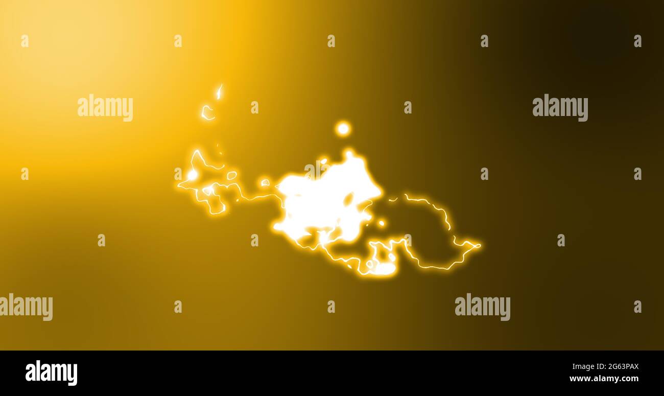 Glowing white and yellow bundle of lively electrical current moving on orange background Stock Photo