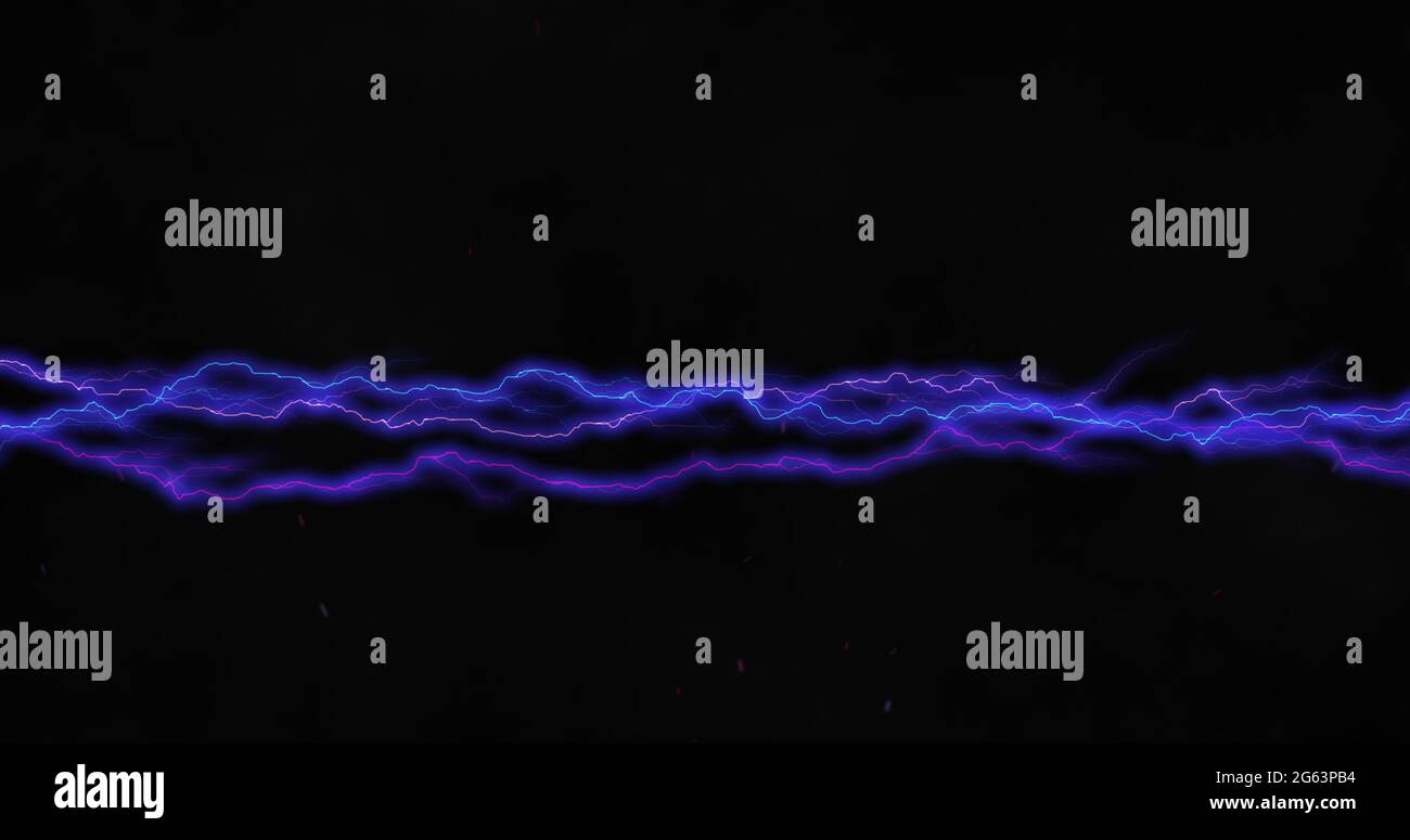 Purple bolts of electrical current moving horizontally across a black background Stock Photo