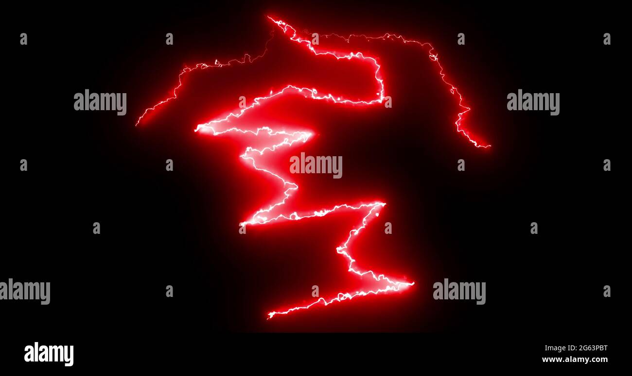 Red lightning bolts of electrical current moving wildly across a black