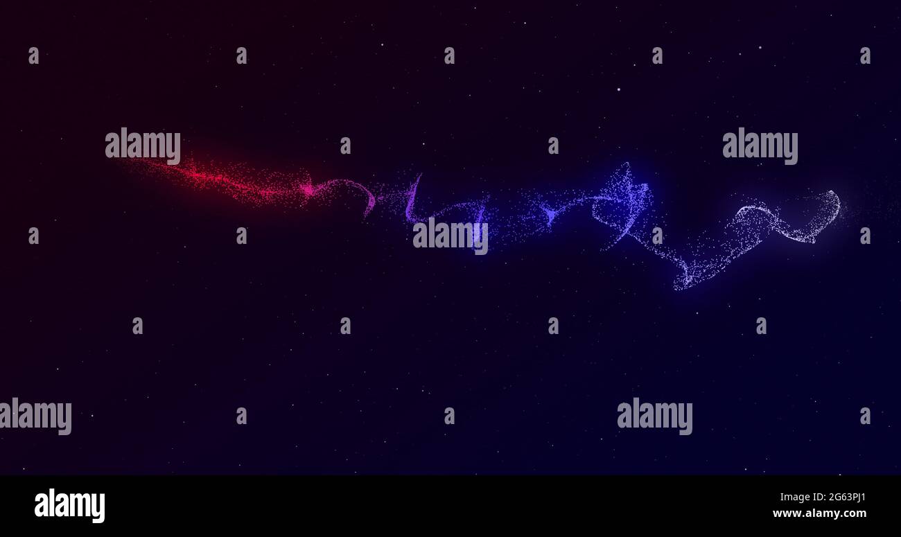 Twisting light trail of glowing red and blue moving rapidly across a