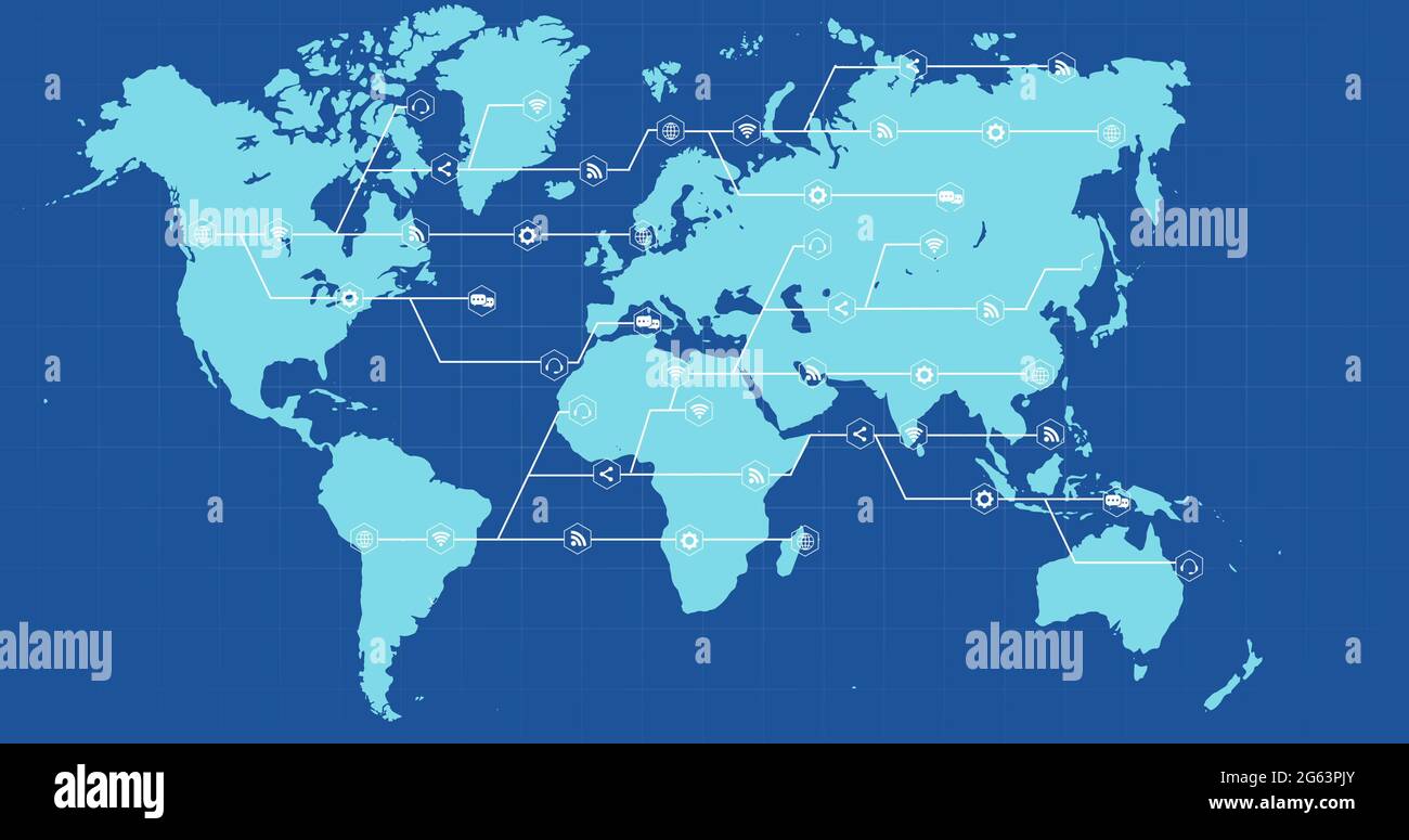 Blue world map with growing white network of connected icons on blue ...