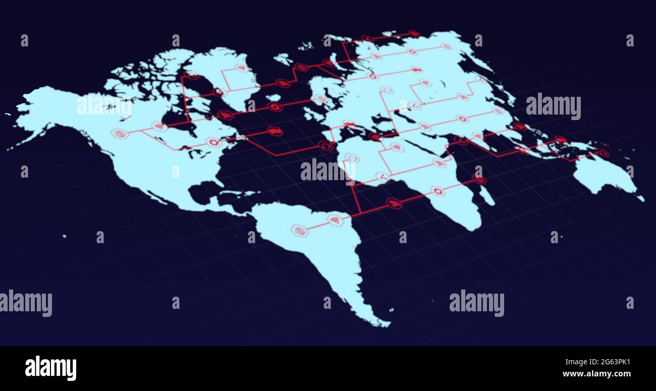 Blue world map with growing red network of connected icons on black ...