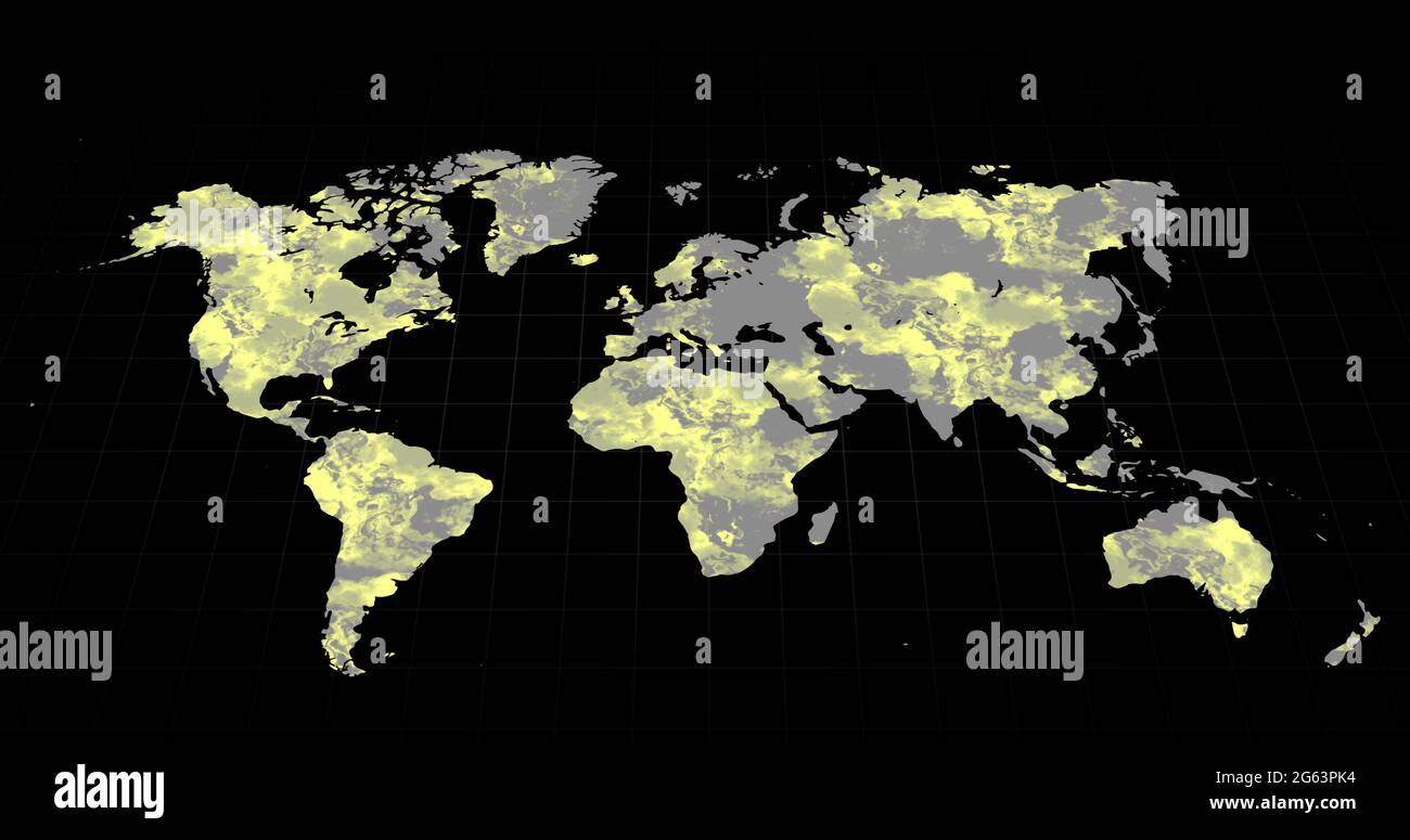 Grey world map changing to mostly yellow on a black background Stock ...