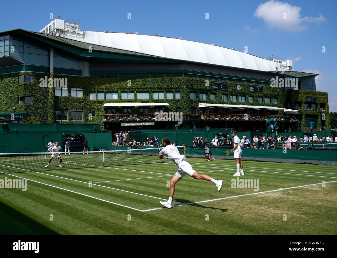 Action on court four between Alexander Bublik and Aleksandr Nedovyesov take on Rafael Matos and Thiago Monteiro on day five of Wimbledon at The All England Lawn Tennis and Croquet Club, Wimbledon. Picture date: Friday July 2, 2021. Stock Photo