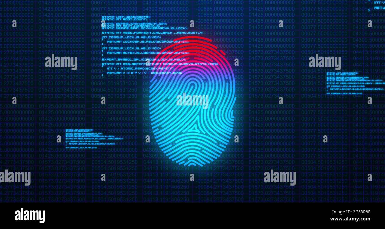 Image of digital biometric fingerprint computer interface icon and data processing on blue backg Stock Photo