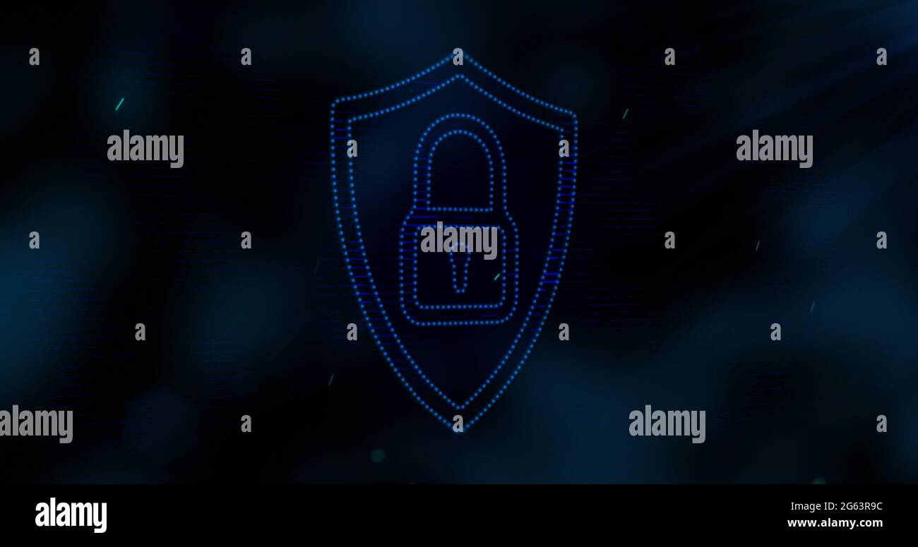 Image of digital computer interface with data and numbers processing and chain links on green gl Stock Photo