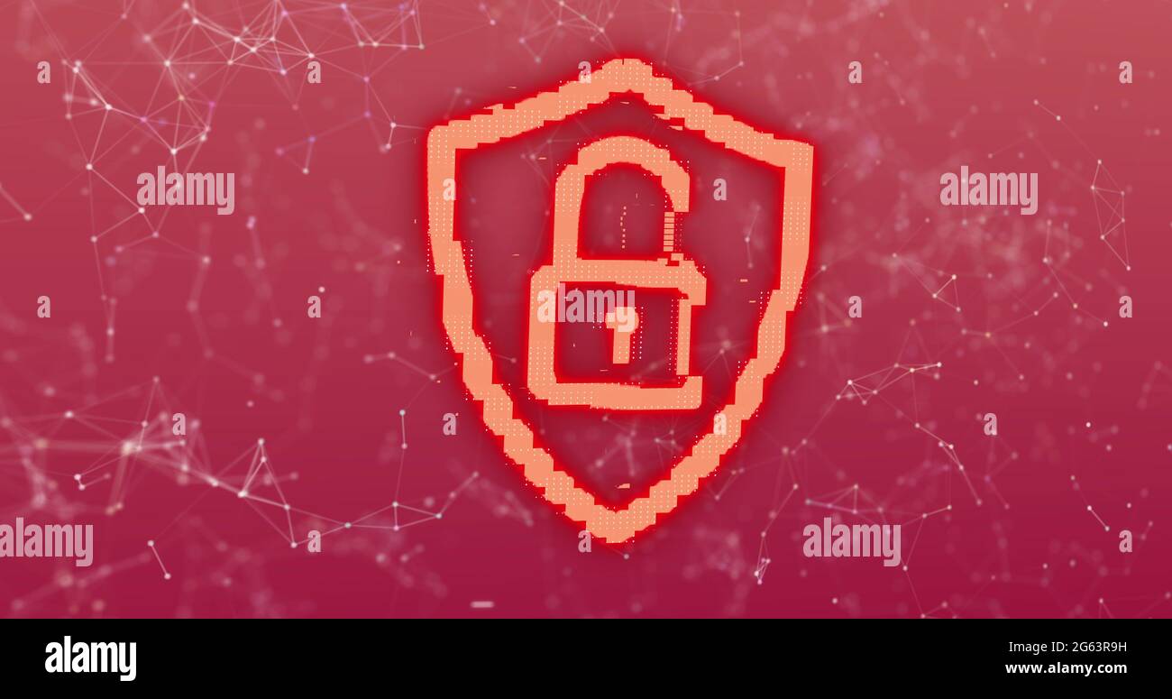 Image of digital computer interface online security red glowing padlock icon with plexus structu Stock Photo