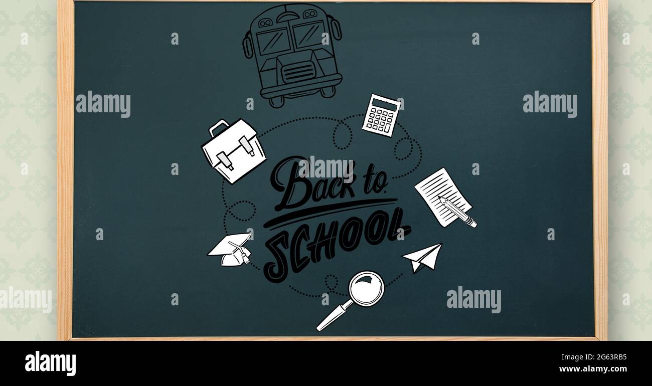 Composition of back to school text and school items over green ...