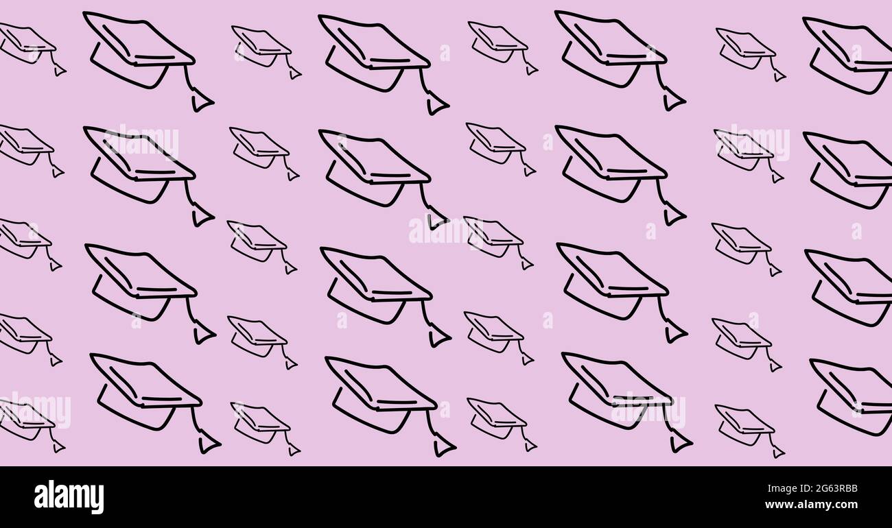 Composition of multiple graduation hats on purple background Stock