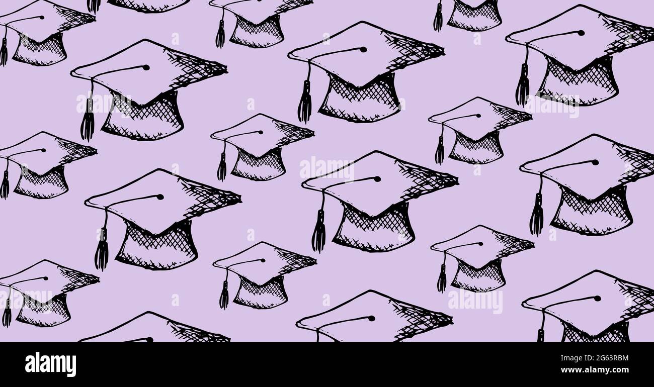 Composition of multiple graduation hats on purple background Stock