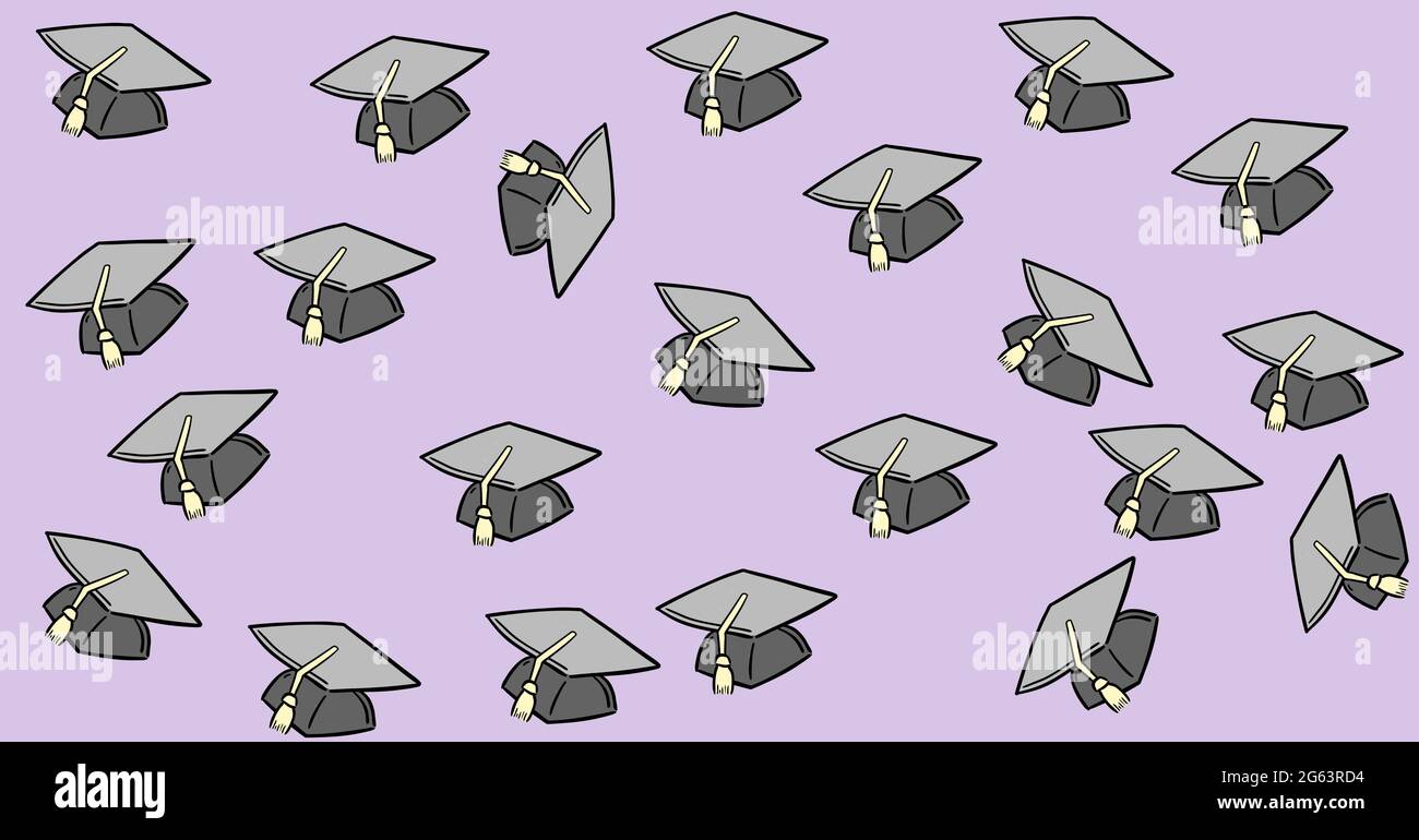 Composition of multiple graduation hats on purple background Stock