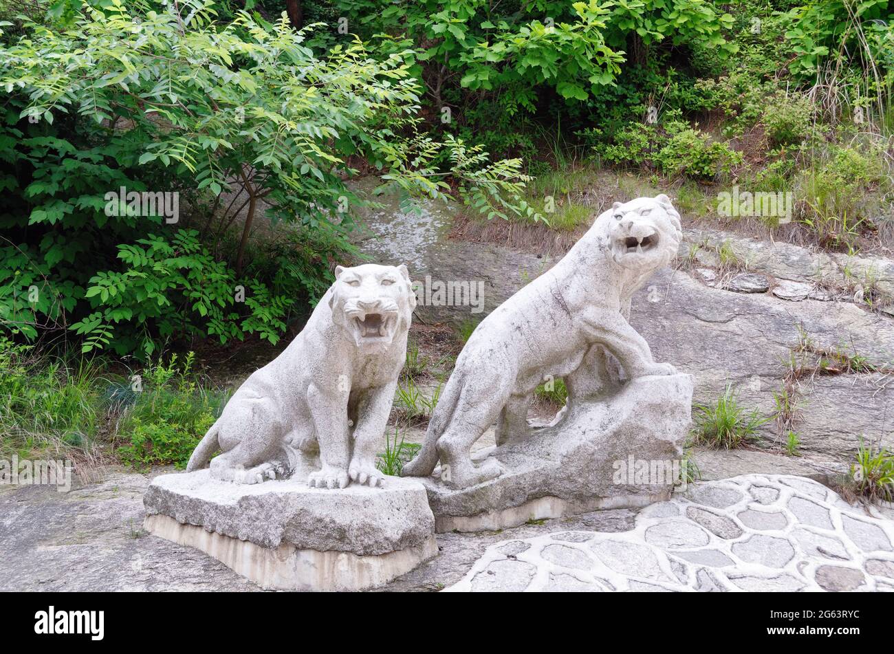 Statues of two tigers at the entrance to Koryo History Museum, at