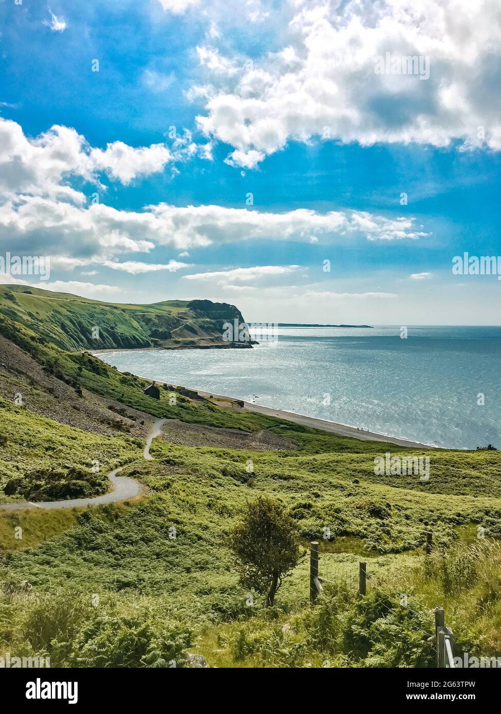 Beautiful scenery and landscape of the coast, sea, sky and mountainous region at Nant Gwrtheyrn, North Wales Stock Photo