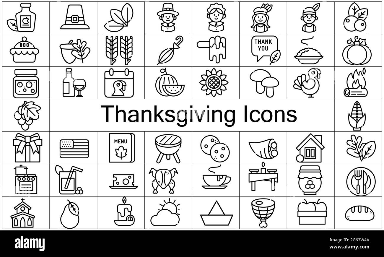 Thanksgiving line icon set, celebration symbols collection, vector sketches, logo illustrations, food signs linear pictograms package. Stock Vector