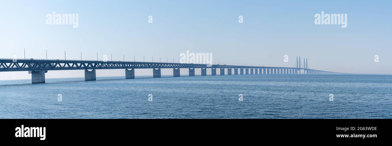 A panorama view of the Oresund bridge between Denmark and Sweden Stock Photo