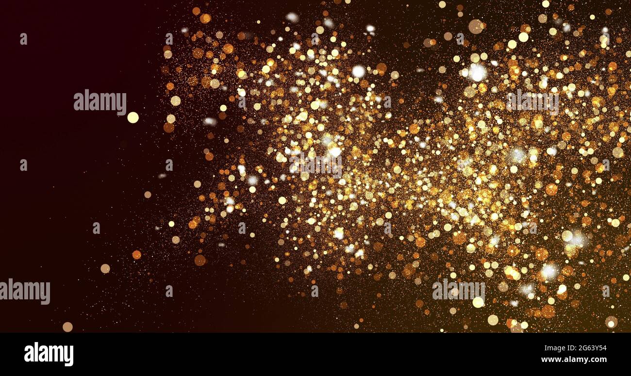 Sparkling golden particles floating upwards on a dark background Stock ...