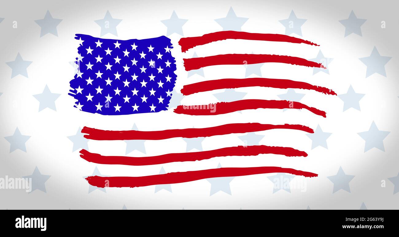 Image of hand drawn American flag waving on rows of pale blue stars on ...